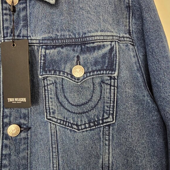 True Religion Men's Logo Taping Denim SN Jacket Tide Wash Color Size Large NWT - Picture 2 of 9